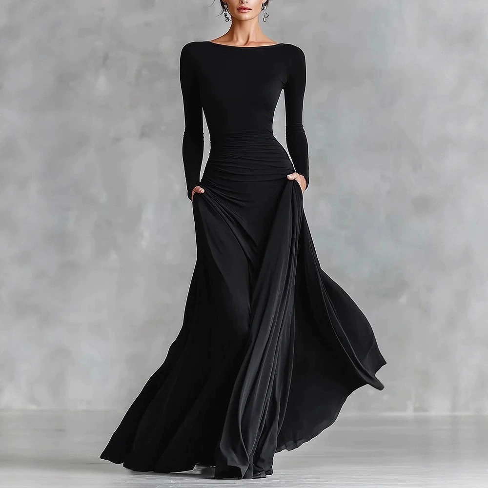 Zara Solid Boat Neck Slim Fit Waist Cinching Asymmetric Dress for Spring Fall